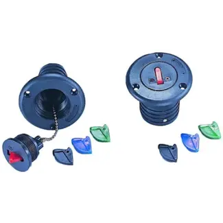 Allpa Kunststof dekvuldop met 4 kleurgecodeerde sleutels & 6 naamlabels, slangaansluiting Ø38mm