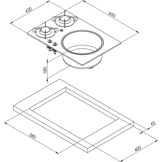 Allpa Kookplaat 2-pits Inbouw,met Glas +RVS-bak 600x30x420mm