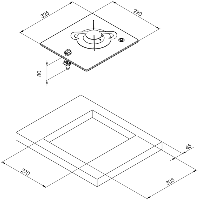 Allpa Gaskomfoor met thermische glasplaat 325x290x80mm, brander: 1x medium