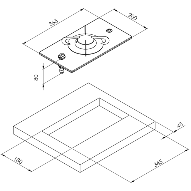 Allpa Gaskomfoor met thermische glasplaat 365x200x80mm, brander: 1x medium