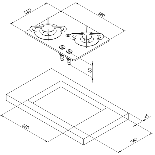 Allpa Gaskomfoor met thermische glasplaat 380x280x80mm, branders: 1x klein / 1x medium