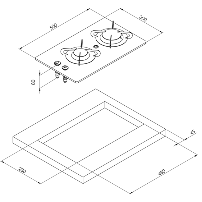 Allpa 500x300x80mm, branders: 1x medium / 1x groot