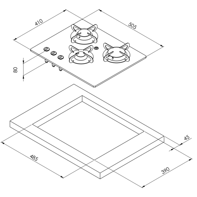 Allpa Gaskomfoor met thermische glasplaat 505x410x80mm,branders: 1x klein / 1x medium / 1x gro