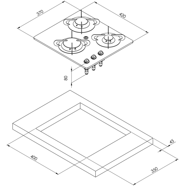 Allpa Gaskomfoor met thermische glasplaat 420x370x80mm, branders: 1x klein / 1x medium / 1x groot