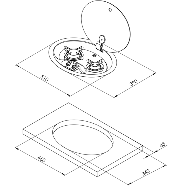 Allpa Kookplaat ovaal 2-pits gas inbouw,met glasplaat