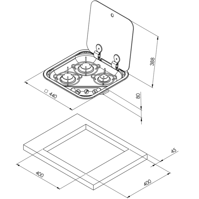 Allpa Gaskomfoor met afdekplaat, branders: 1x klein / 2x medium