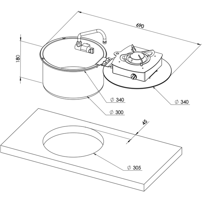 Allpa RVS Spoelbak 300x180mm met Inklapb.RVS Gaskomfoor + afdekplaat +kraan + 488034