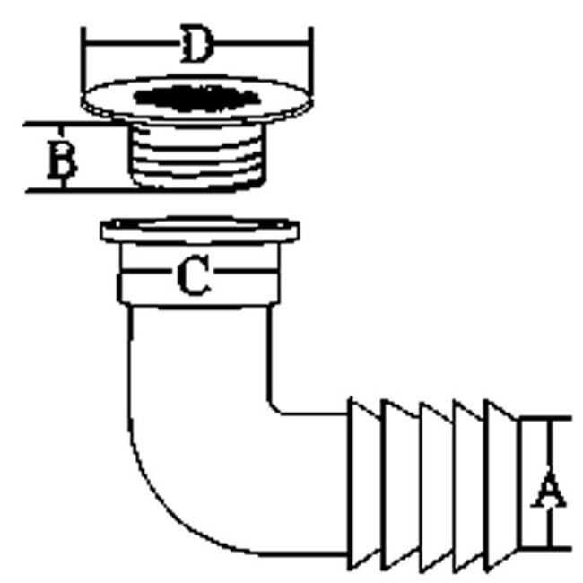 Allpa allpa RVS afvoer 90° met rooster  afm. A=16mm  B=15mm  C=36mm  D=42mm