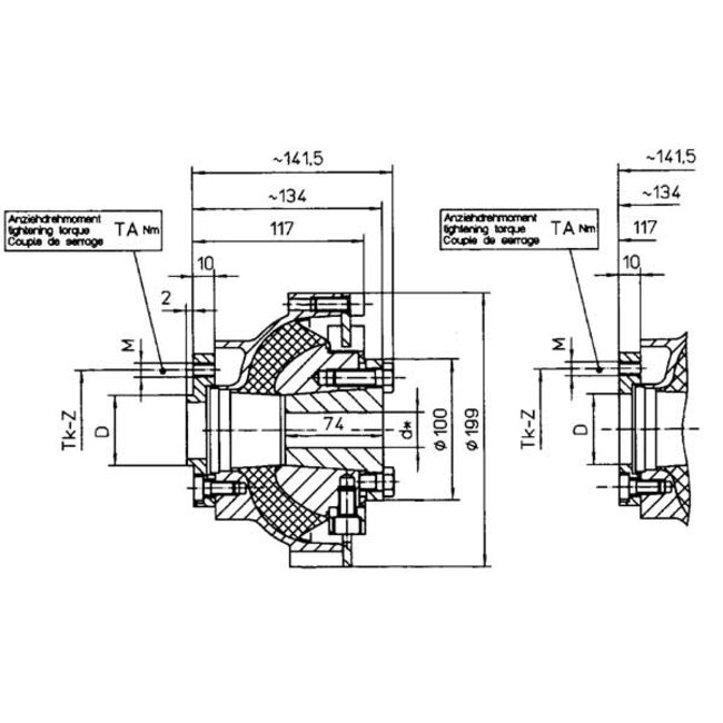 Centaflex Centaflex koppeling  M-160 1.0  max. 500Nm (plezier)  D=63 5mm  Tk=82 5 & 108mm  Z=4x90°  M=M10