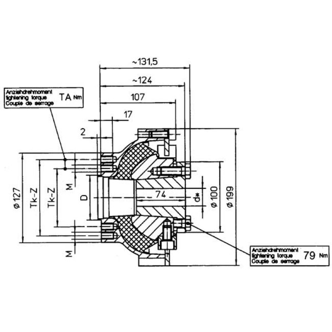 Centaflex Centaflex koppeling  M-160 1.0  max. 500Nm (plezier)  D=63 5mm  Tk=82 5 & 108mm  Z=4x90°  M=M10