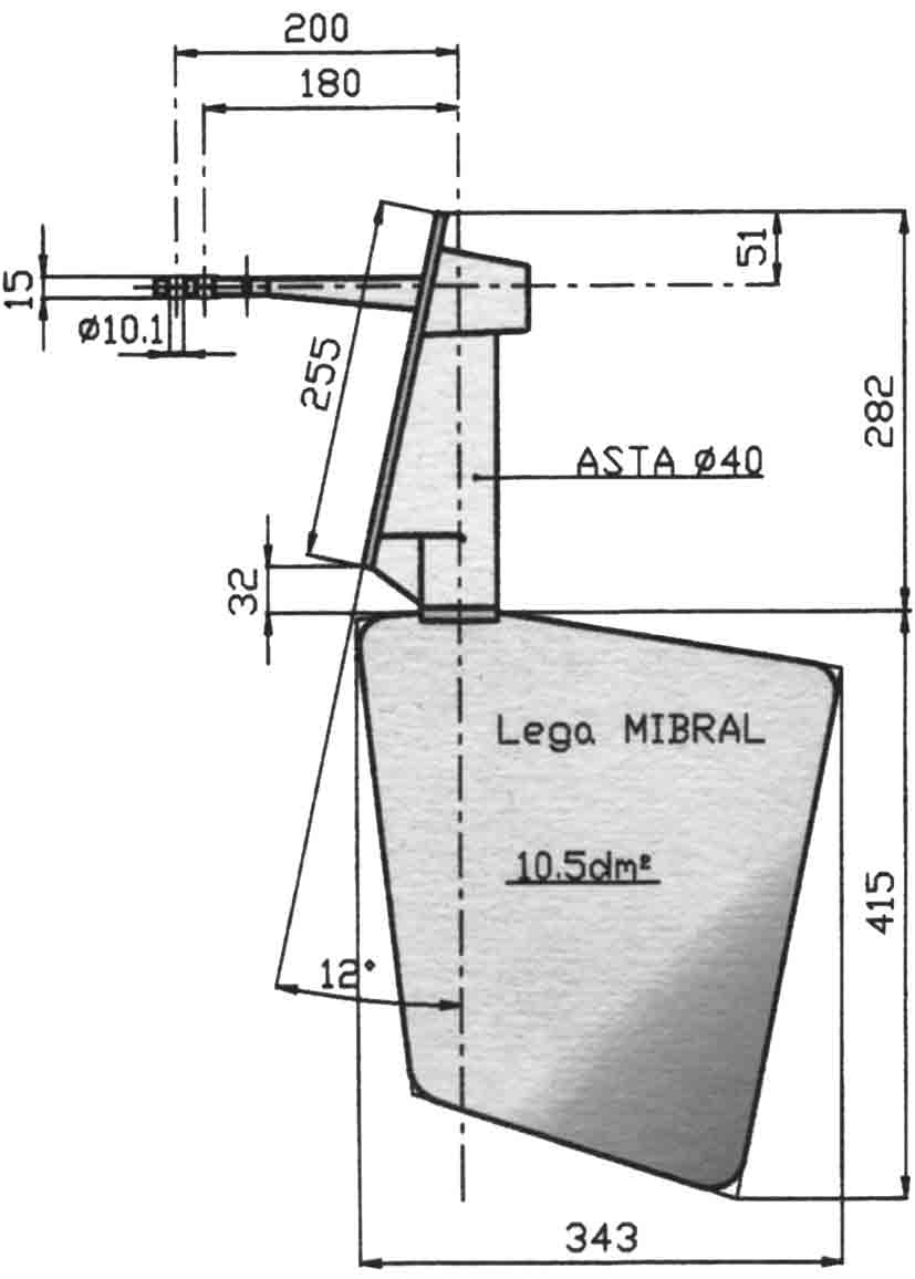Radice Radice Bronzen Roer type 14/10S-12° voor spiegelmontage. Bootlengte: 8-12m