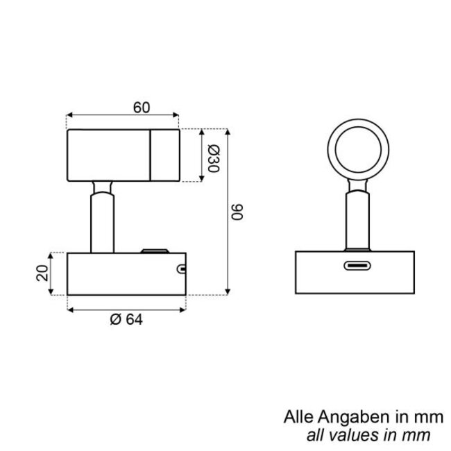 Talamex Led wandlamp Helios 10-30V zwart dimbaar met USB-C snellader
