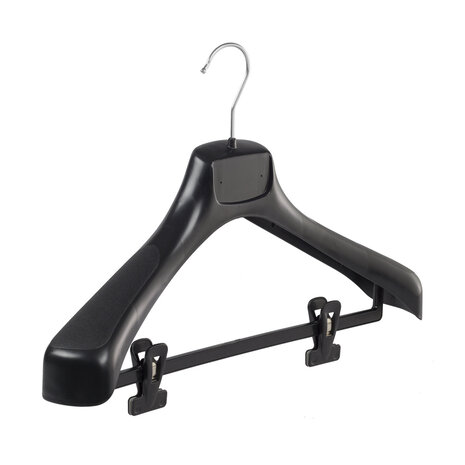 Jacken / Anzugbügel (gebogen) Kunststoff schwarz mit Schulterverbreiterung und anti-rutsch Klammern