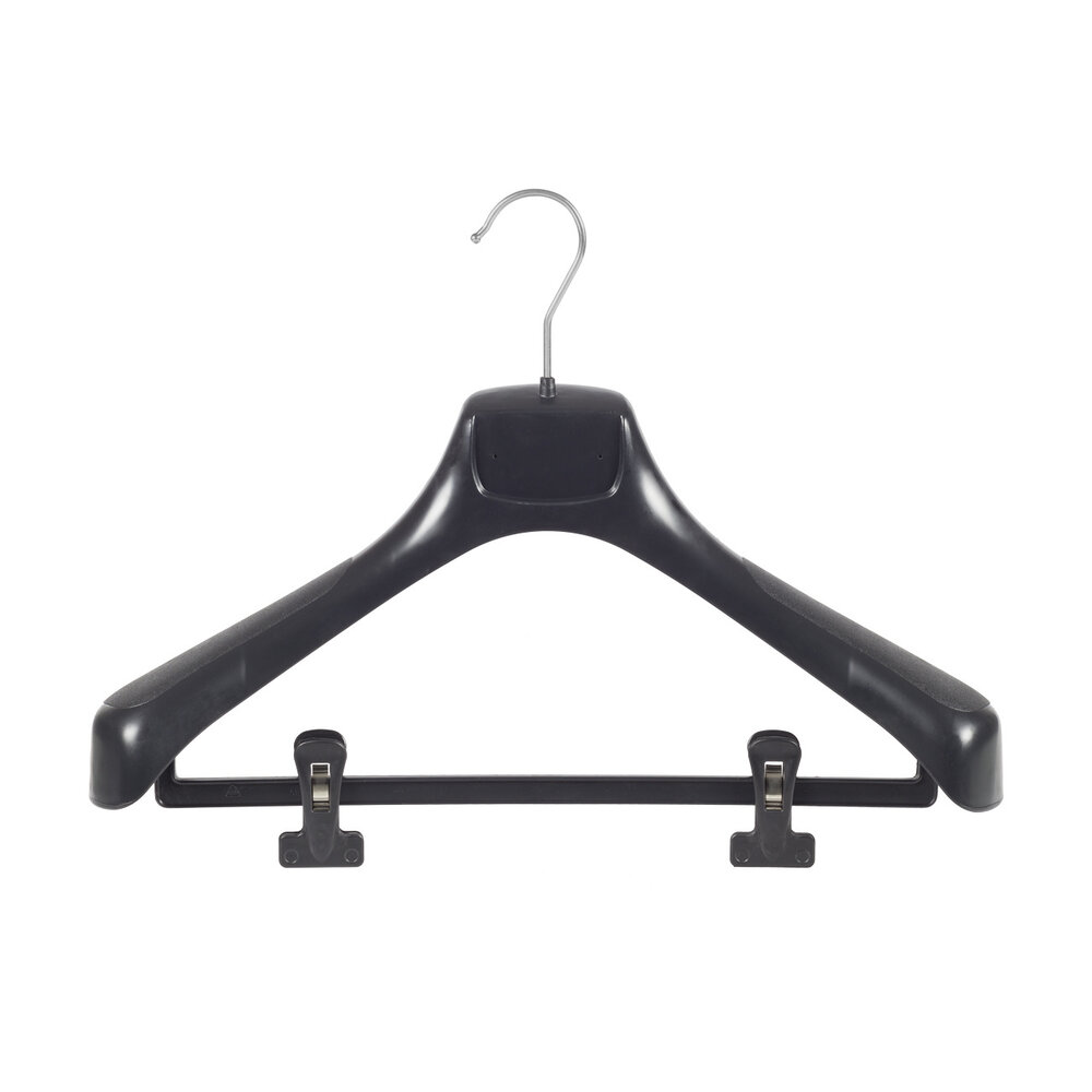 Jacken / Anzugbügel (gebogen) Kunststoff schwarz mit Schulterverbreiterung und anti-rutsch Klammern
