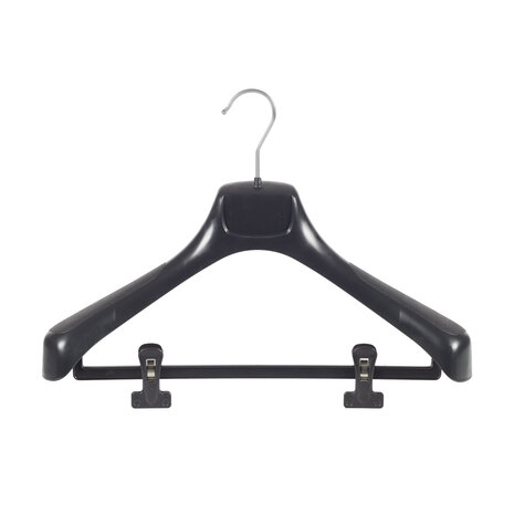 Jacken / Anzugbügel (gebogen) Kunststoff schwarz mit Schulterverbreiterung und anti-rutsch Klammern