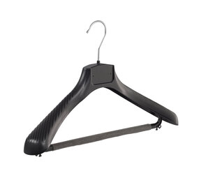 Jacken / Anzugbügel (gebogen) Kunststoff schwarz mit Schulterverbreiterung und anti-rutsch Hosensteg (2 mm Schaum) Jacken / Anzugbügel (gebogen) Kunststoff schwarz mit Schulterverbreiterung und anti-rutsch Hosensteg (2 mm Schaum)