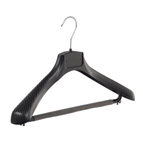 Jacken / Anzugbügel (gebogen) Kunststoff schwarz mit Schulterverbreiterung und anti-rutsch Hosensteg (2 mm Schaum) Jacken / Anzugbügel (gebogen) Kunststoff schwarz mit Schulterverbreiterung und anti-rutsch Hosensteg (2 mm Schaum)