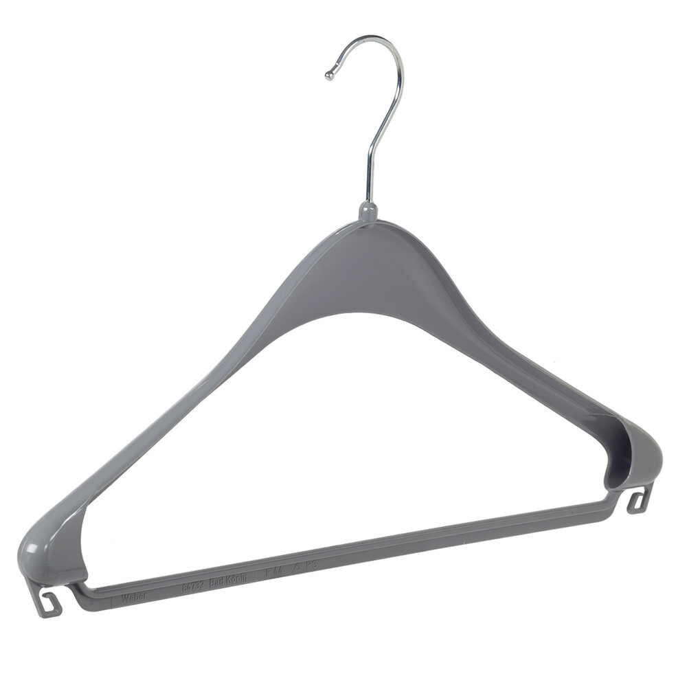 Jacken / Anzugbügel (gebogen) Kunststoff grau mit Schulterverbreiterung und Hosensteg Jacken / Anzugbügel (gebogen) Kunststoff grau mit Schulterverbreiterung und Hosensteg