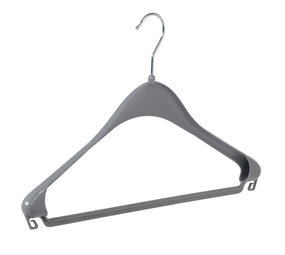 Jacken / Anzugbügel (gebogen) Kunststoff grau mit Schulterverbreiterung und Hosensteg Jacken / Anzugbügel (gebogen) Kunststoff grau mit Schulterverbreiterung und Hosensteg