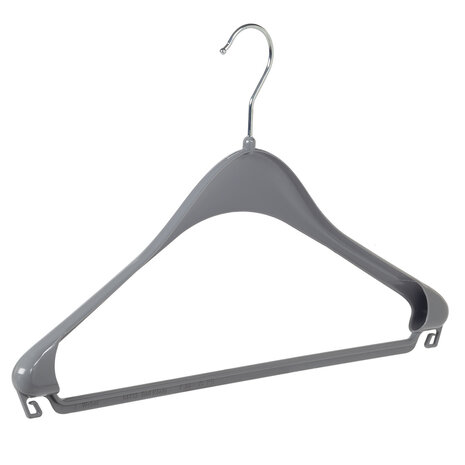 Jacken / Anzugbügel (gebogen) Kunststoff grau mit Schulterverbreiterung und Hosensteg Jacken / Anzugbügel (gebogen) Kunststoff grau mit Schulterverbreiterung und Hosensteg