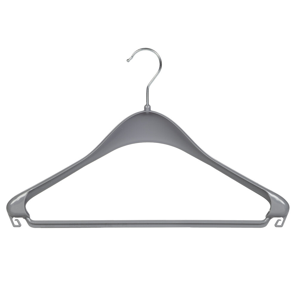 Jacken / Anzugbügel (gebogen) Kunststoff grau mit Schulterverbreiterung und Hosensteg Jacken / Anzugbügel (gebogen) Kunststoff grau mit Schulterverbreiterung und Hosensteg