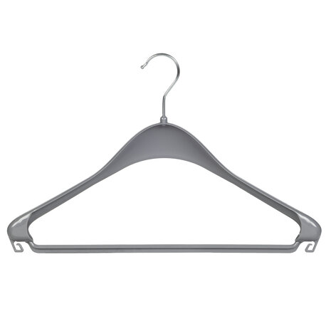 Jacken / Anzugbügel (gebogen) Kunststoff grau mit Schulterverbreiterung und Hosensteg Jacken / Anzugbügel (gebogen) Kunststoff grau mit Schulterverbreiterung und Hosensteg