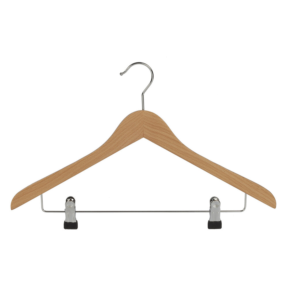 Hotelbügel (gewinkelt) Buchenholz natur lackiert mit anti-rutsch Klammern
