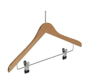 Hotelbügel Anti-Diebstahl (gewinkelt) Buchenholz natur lackiert mit anti-rutsch Klammern Hotelbügel Anti-Diebstahl (gewinkelt) Buchenholz natur lackiert mit anti-rutsch Klammern