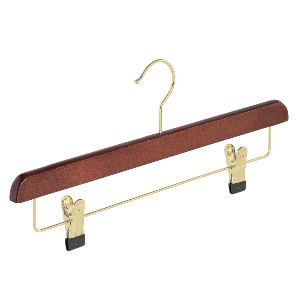 Rock / Hosenbügel Buchenholz mahagoni gebeizt mit Messinghaken und anti-rutsch Klammern Rock / Hosenbügel Buchenholz mahagoni gebeizt mit Messinghaken und anti-rutsch Klammern
