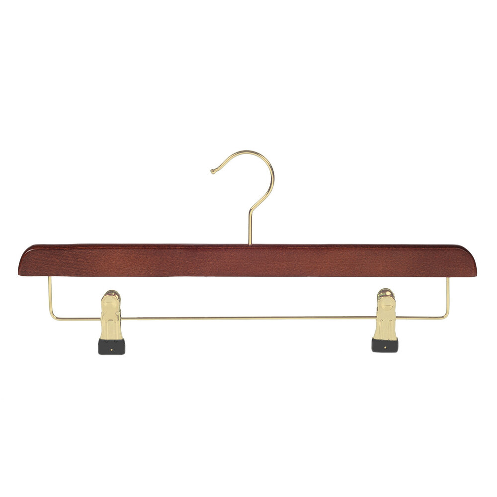 Rock / Hosenbügel Buchenholz mahagoni gebeizt mit Messinghaken und anti-rutsch Klammern Rock / Hosenbügel Buchenholz mahagoni gebeizt mit Messinghaken und anti-rutsch Klammern