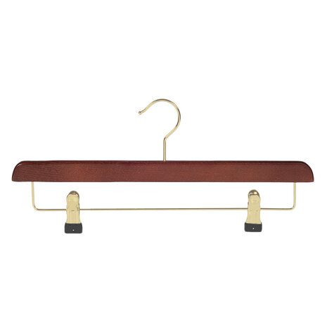 Rock / Hosenbügel Buchenholz mahagoni gebeizt mit Messinghaken und anti-rutsch Klammern Rock / Hosenbügel Buchenholz mahagoni gebeizt mit Messinghaken und anti-rutsch Klammern