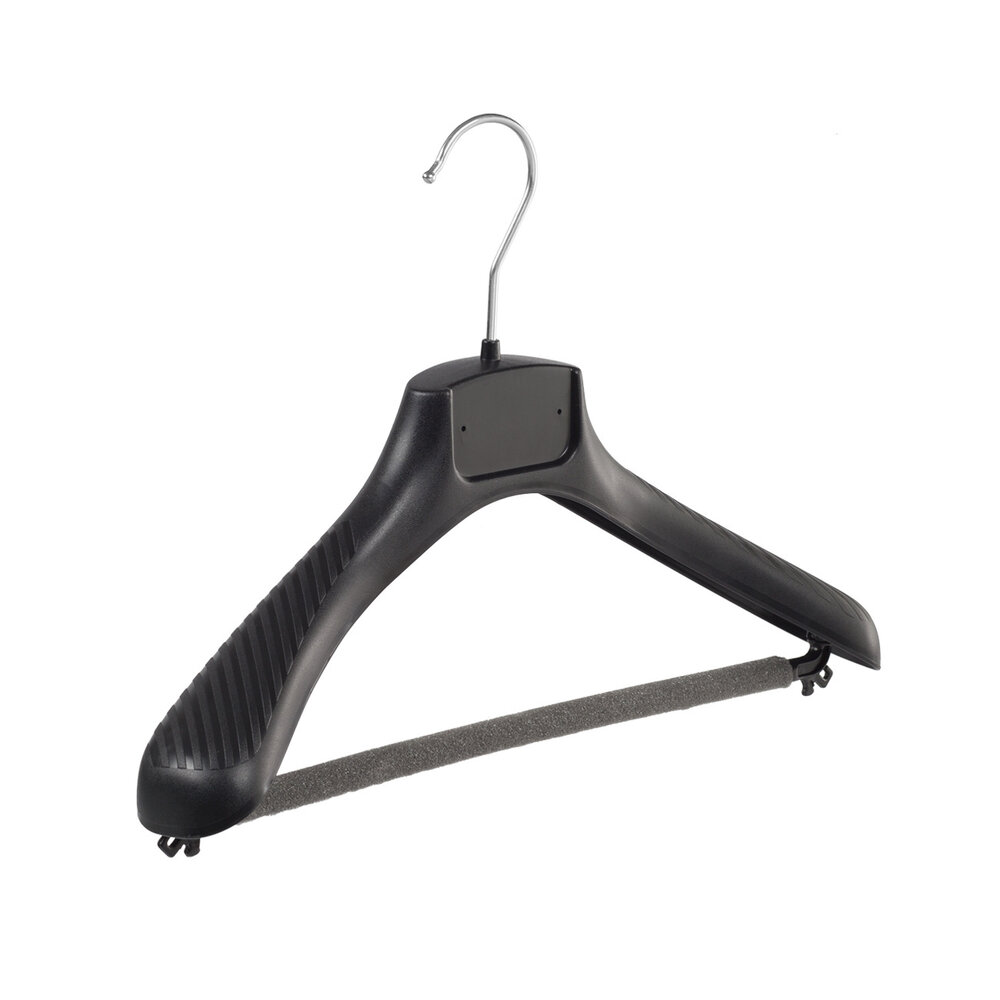 Jacken / Anzugbügel (gebogen) Kunststoff schwarz mit Schulterverbreiterung und anti-rutsch Hosensteg (2 mm Schaum) Jacken / Anzugbügel (gebogen) Kunststoff schwarz mit Schulterverbreiterung und anti-rutsch Hosensteg (2 mm Schaum)