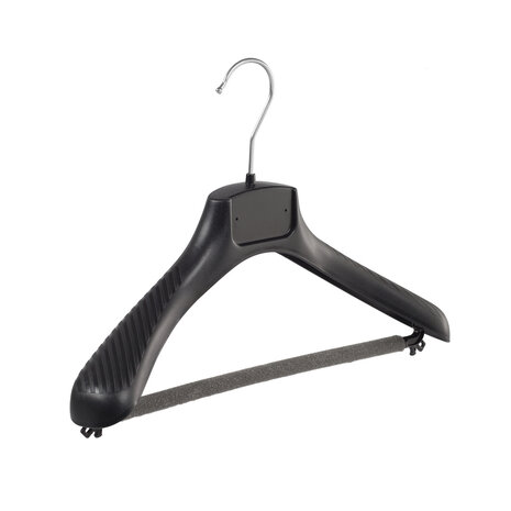 Jacken / Anzugbügel (gebogen) Kunststoff schwarz mit Schulterverbreiterung und anti-rutsch Hosensteg (2 mm Schaum) Jacken / Anzugbügel (gebogen) Kunststoff schwarz mit Schulterverbreiterung und anti-rutsch Hosensteg (2 mm Schaum)