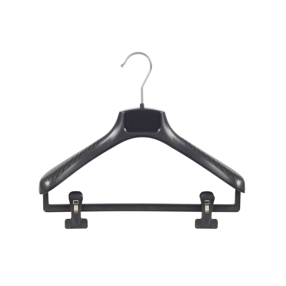 Jacken / Anzugbügel (gebogen) Kunststoff schwarz mit Schulterverbreiterung und anti-rutsch Klammern