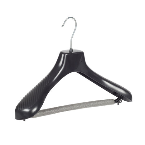 Jacken / Anzugbügel (gebogen) Kunststoff schwarz mit Schulterverbreiterung und anti-rutsch Hosensteg (2 mm Schaum)