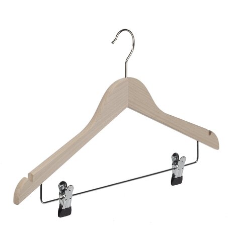 Blusen / Hemdenbügel (flach) Buchenholz unlackiert mit Rockkerben und anti-rutsch Klammern Blusen / Hemdenbügel (flach) Buchenholz unlackiert mit Rockkerben und anti-rutsch Klammern