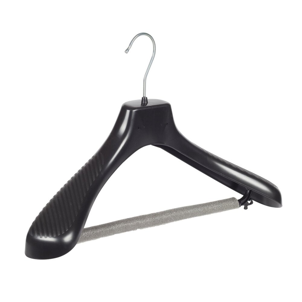 Jacken / Anzugbügel (gebogen) Kunststoff schwarz mit Schulterverbreiterung und anti-rutsch Hosensteg (2 mm Schaum) Jacken / Anzugbügel (gebogen) Kunststoff schwarz mit Schulterverbreiterung und anti-rutsch Hosensteg (2 mm Schaum)