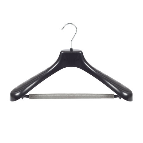 Jacken / Anzugbügel (gebogen) Kunststoff schwarz mit Schulterverbreiterung und anti-rutsch Hosensteg (2 mm Schaum) Jacken / Anzugbügel (gebogen) Kunststoff schwarz mit Schulterverbreiterung und anti-rutsch Hosensteg (2 mm Schaum)