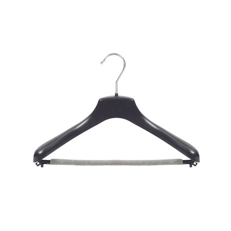 Jacken / Anzugbügel (gebogen) Kunststoff schwarz mit Schulterverbreiterung und anti-rutsch Hosensteg (2 mm Schaum)