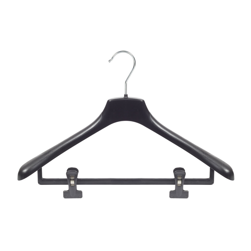 Jacken / Anzugbügel (gebogen) Kunststoff schwarz mit Schulterverbreiterung und anti-rutsch Klammern Jacken / Anzugbügel (gebogen) Kunststoff schwarz mit Schulterverbreiterung und anti-rutsch Klammern