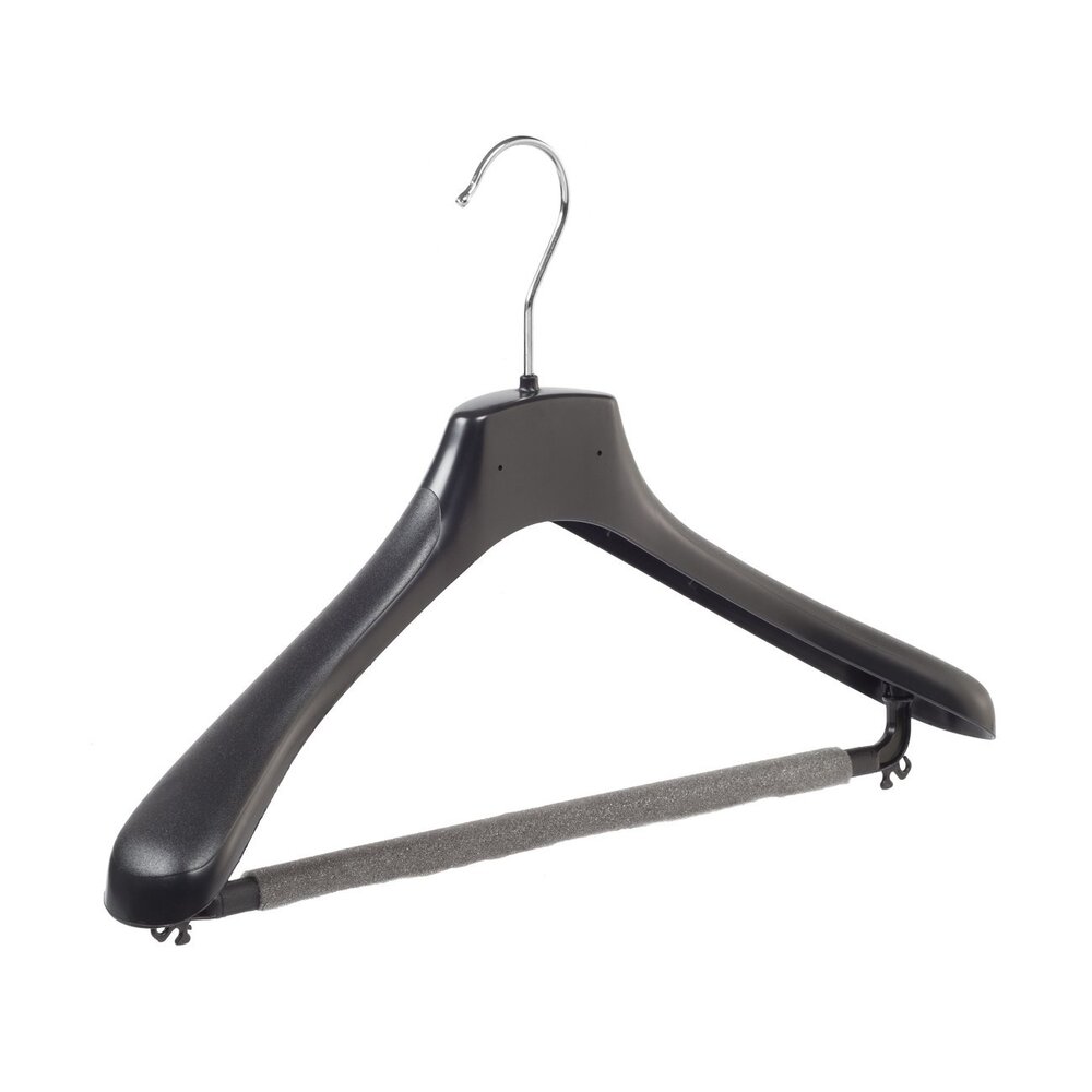 Jacken / Anzugbügel (gebogen) Kunststoff schwarz mit Schulterverbreiterung und anti-rutsch Hosensteg (2 mm Schaum)