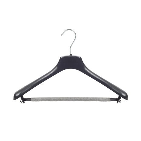Jacken / Anzugbügel (gebogen) Kunststoff schwarz mit Schulterverbreiterung und anti-rutsch Hosensteg (2 mm Schaum)