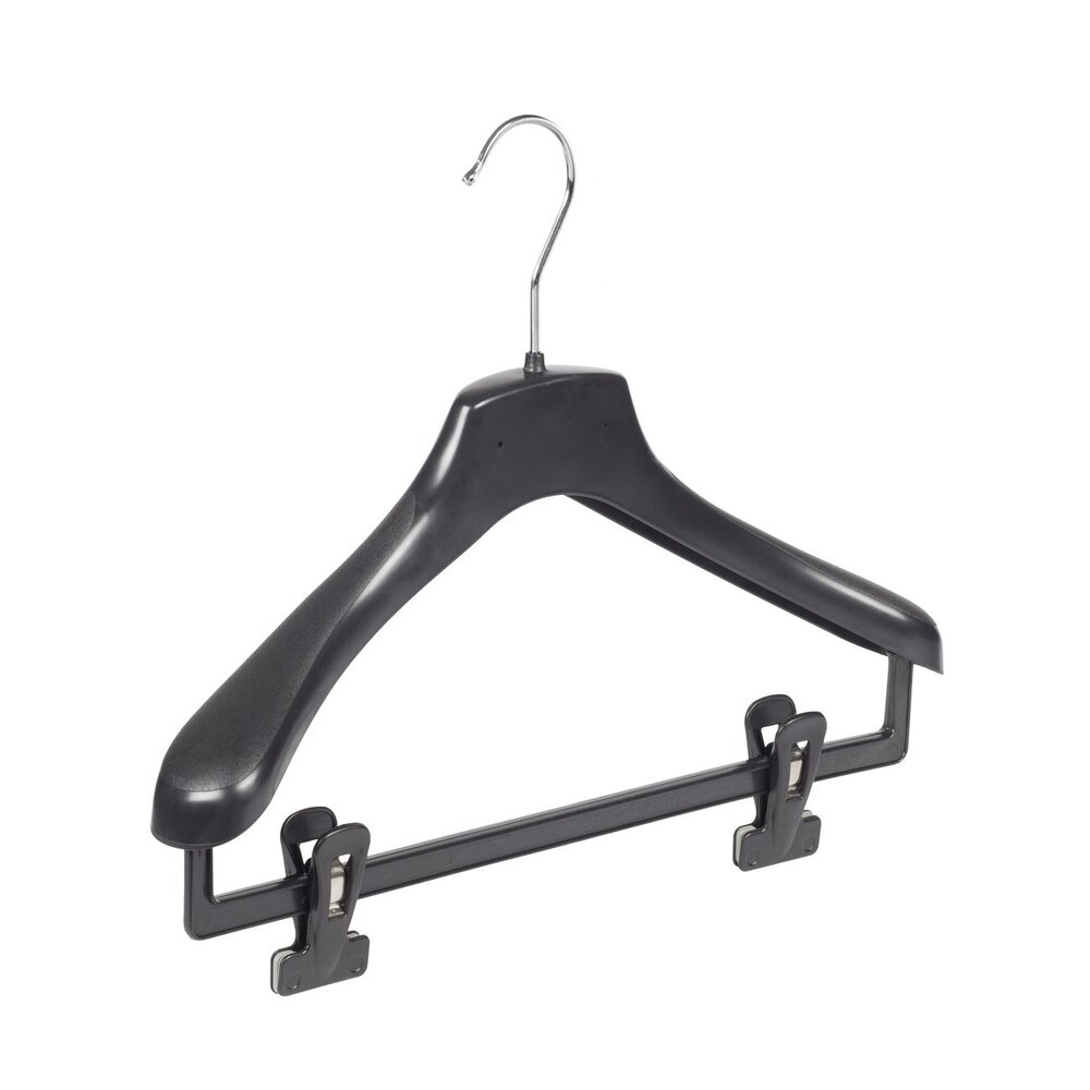 Jacken / Anzugbügel (gebogen) Kunststoff schwarz mit Schulterverbreiterung und anti-rutsch Klammern Jacken / Anzugbügel (gebogen) Kunststoff schwarz mit Schulterverbreiterung und anti-rutsch Klammern