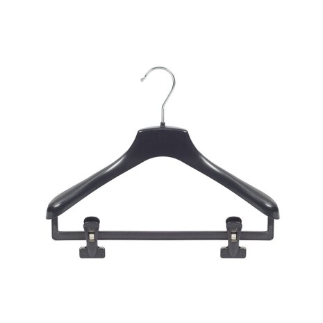 Jacken / Anzugbügel (gebogen) Kunststoff schwarz mit Schulterverbreiterung und anti-rutsch Klammern Jacken / Anzugbügel (gebogen) Kunststoff schwarz mit Schulterverbreiterung und anti-rutsch Klammern