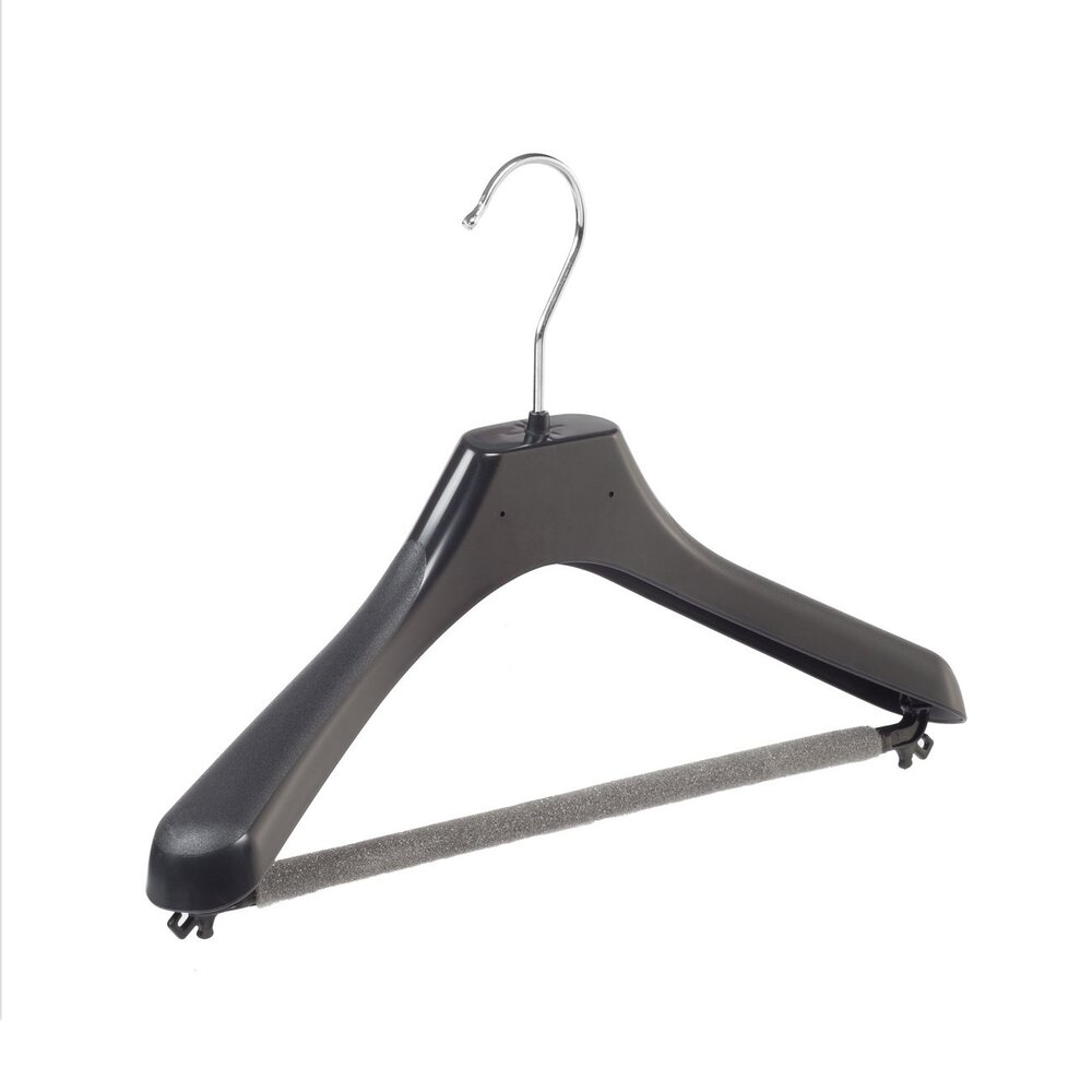 Jacken / Anzugbügel (gebogen) Kunststoff schwarz mit Schulterverbreiterung und anti-rutsch Hosensteg (2 mm Schaum) Jacken / Anzugbügel (gebogen) Kunststoff schwarz mit Schulterverbreiterung und anti-rutsch Hosensteg (2 mm Schaum)