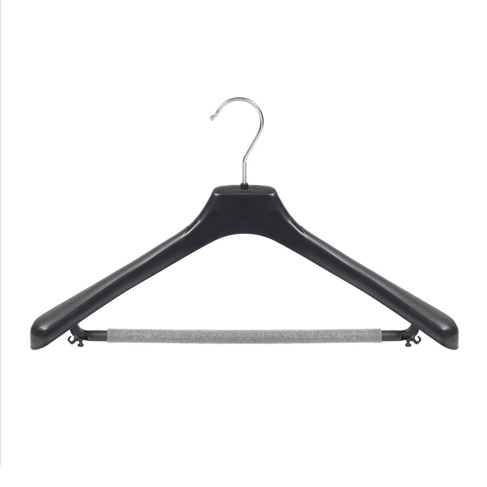 Jacken / Anzugbügel (gebogen) Kunststoff schwarz mit Schulterverbreiterung und anti-rutsch Hosensteg (2 mm Schaum) Jacken / Anzugbügel (gebogen) Kunststoff schwarz mit Schulterverbreiterung und anti-rutsch Hosensteg (2 mm Schaum)