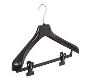 Jacken / Anzugbügel (gebogen) Kunststoff schwarz mit Schulterverbreiterung und anti-rutsch Klammern