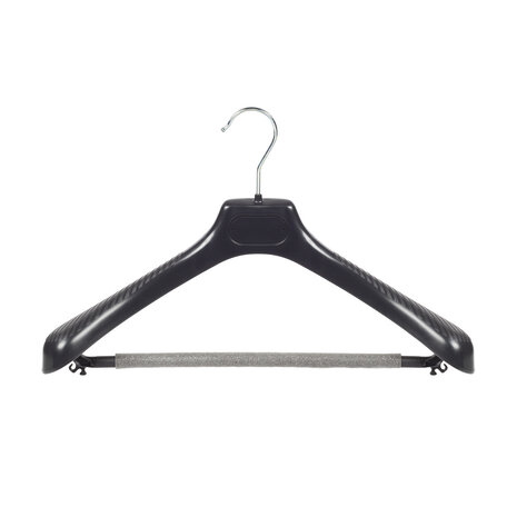 Jacken / Anzugbügel (gebogen) Kunststoff schwarz mit Schulterverbreiterung und anti-rutsch Hosensteg (2 mm Schaum)
