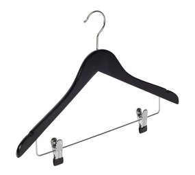 Blusen / Hemdenbügel (gewinkelt) Buchenholz schwarz lackiert mit Rockkerben und anti-rutsch Klammern Blusen / Hemdenbügel (gewinkelt) Buchenholz schwarz lackiert mit Rockkerben und anti-rutsch Klammern