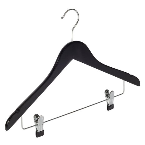 Blusen / Hemdenbügel (gewinkelt) Buchenholz schwarz lackiert mit Rockkerben und anti-rutsch Klammern Blusen / Hemdenbügel (gewinkelt) Buchenholz schwarz lackiert mit Rockkerben und anti-rutsch Klammern